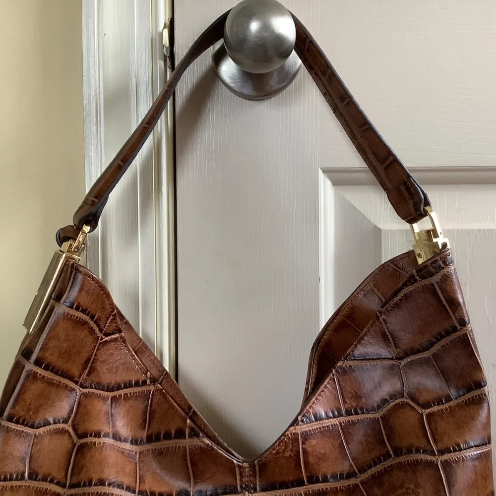 G.I.L.I. Leather North/South Hobo Bag Tote Brown Croc SZ Large